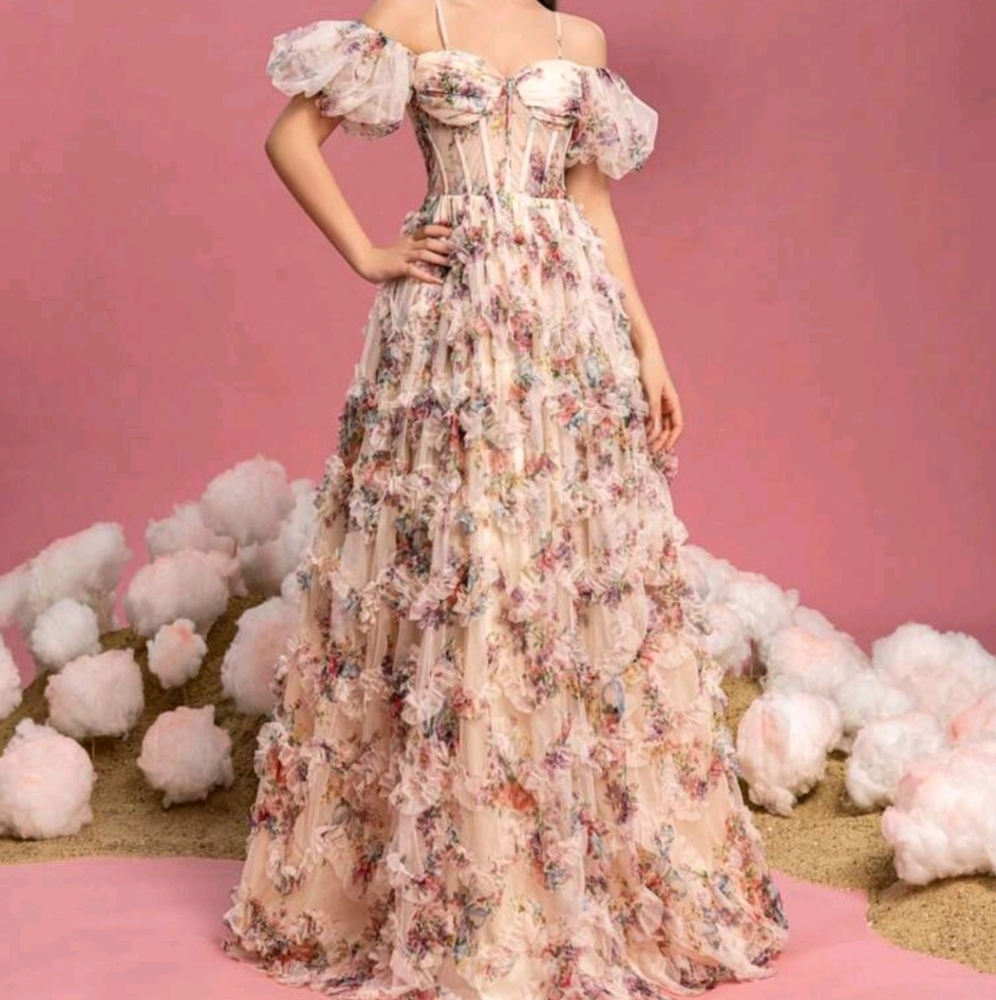 Teen Girls Off-Shoulder Puff Sleeve Floral Mesh Overlay Dress - Picture 6 of 7